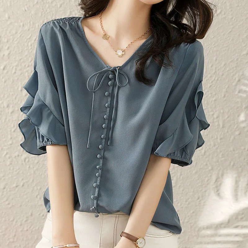 

Ruffle V Neck Lace Up Solid Button Blouse Women Summer Casual Fashion Shirts Short Sleeve Loose Elegant Chic Top Female Clothing