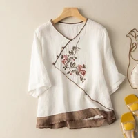 chinese blouses for women v neck tea service shirt comfortable cotton linen china style retro button spring summer ladies top
