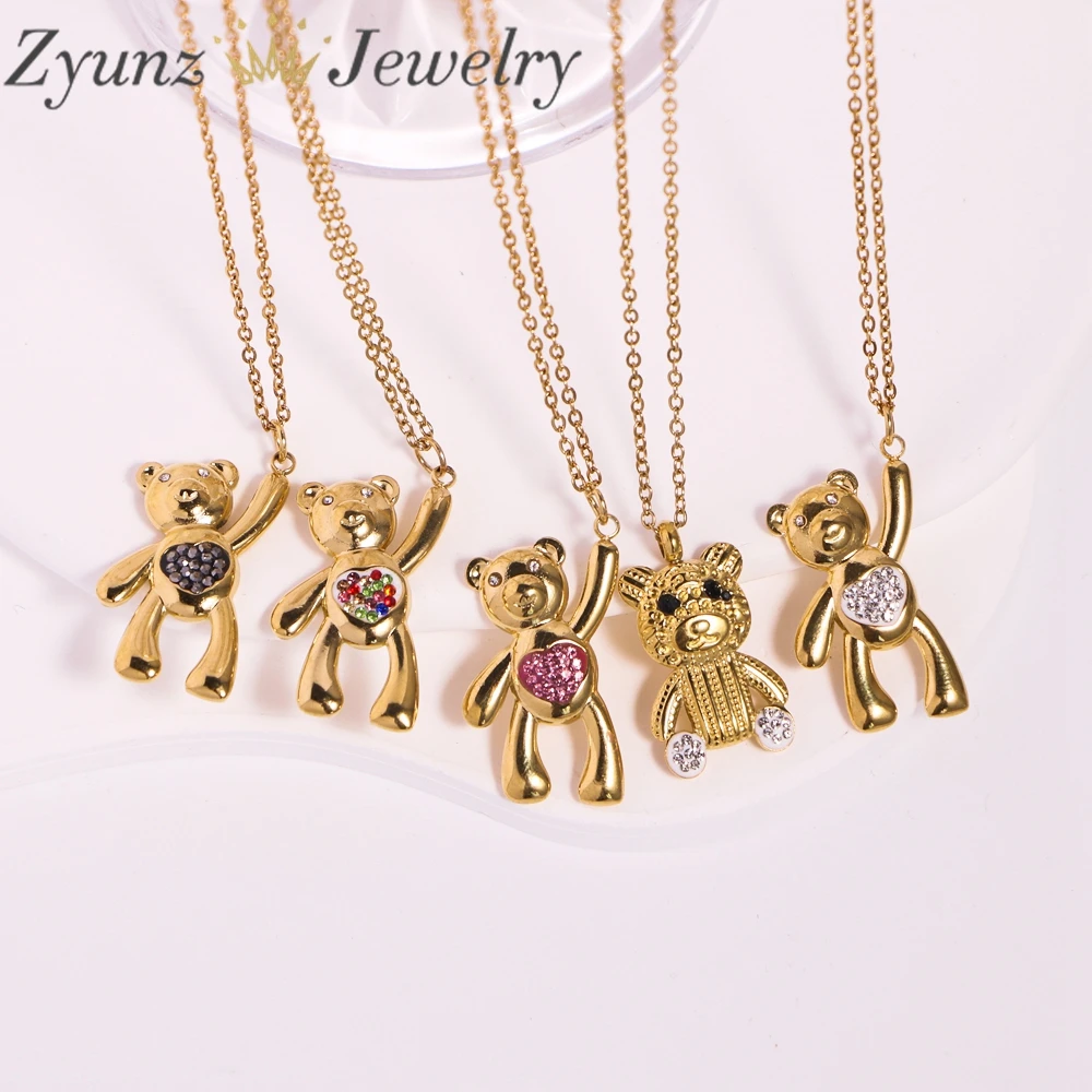

10PCS, Stainless Steel Necklace Crystal Bear Pendant For Women Fashion Gold Gold-Plating Non Fading Link Chain Party Jewels