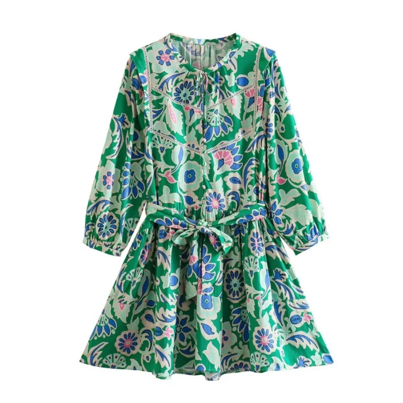 

Spring 2023 New Round Neck Flower Printed A-line Skirt Long Sleeve Dress