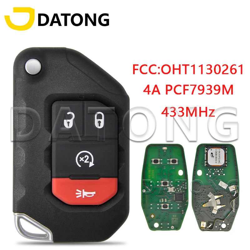 Llave de Control remoto de coche Datong World para Jeep Wrangler 2018 2019 FCC OHT1130261 4A PCF7939M 433MHz, tarjeta de promoción sin llave