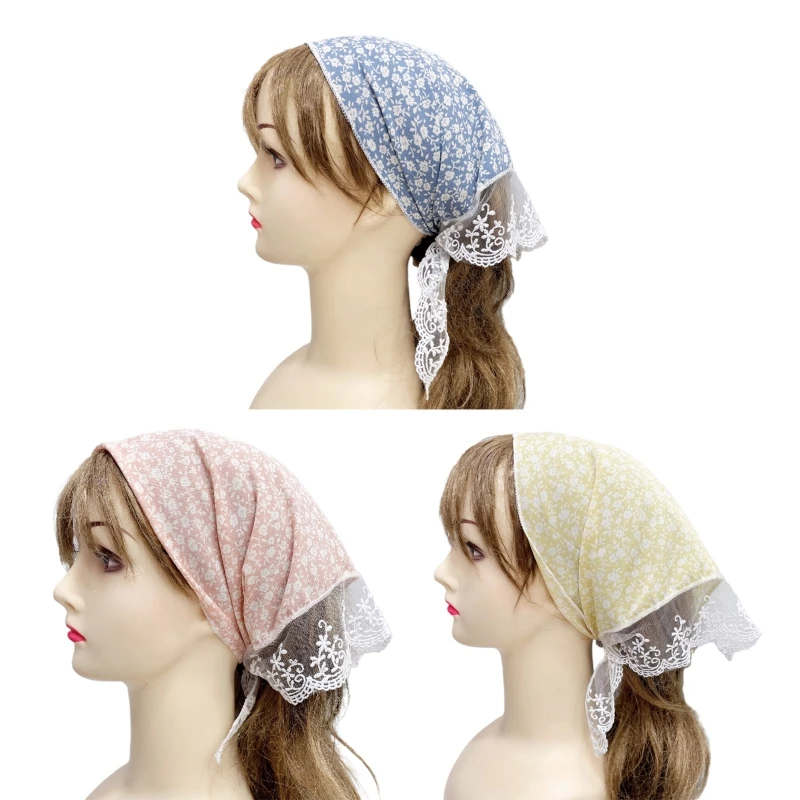 

Knitted Triangle Headband Girls Floral Printing Adjustable Lace Brim Head Scarf