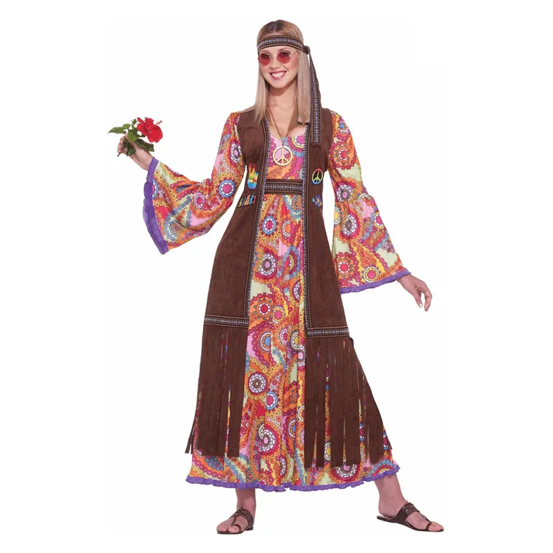 

Women's Halloween Adult 60's70's Hippie Costume Purim Carnival Disguise Party Groovy Disco Native Night Club Cosplay Dress