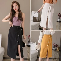 2022 spring and summer new super hot all match thin fashion high waist tie bag hip mid length solid color skirt women