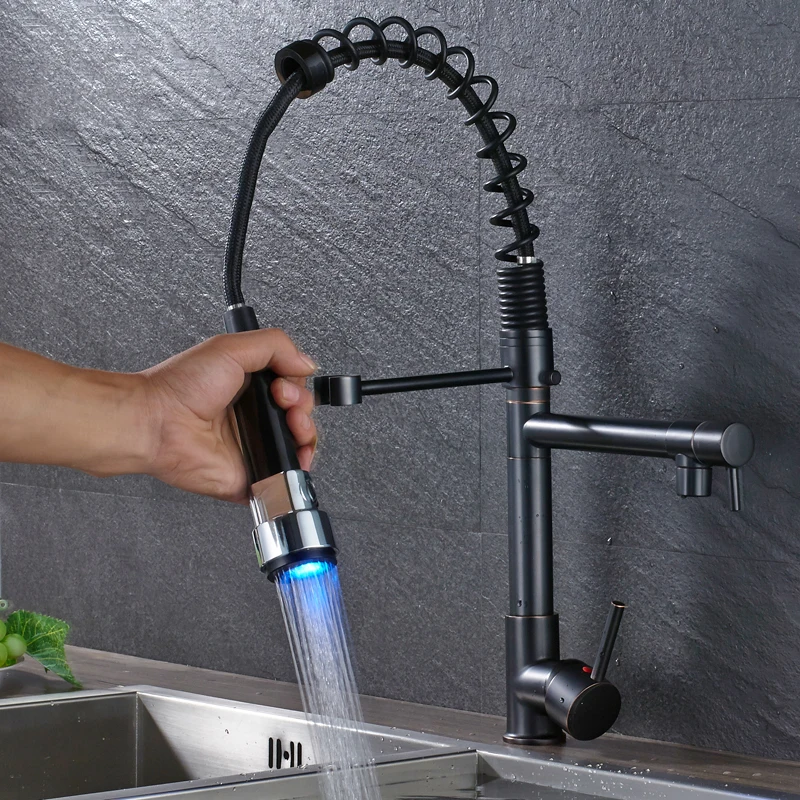 

LED Light Black Bronze Dual Spout Kitchen Faucet Single Handle Spring Pull Down Water Taps for Kitchen Handheld Kitchen Sprayer
