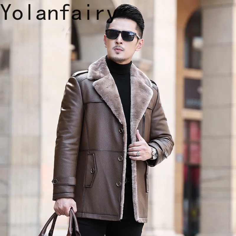 Мужская кожаная куртка YOLANFAIRY из воловьей кожи роскошное зимнее пальто для мужчин