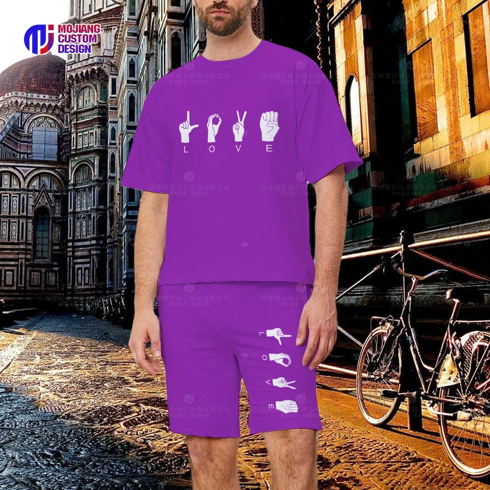 Letter LOVE & Gesture Print Men's T-Shirt Set, Crew Neck Short Sleeve Top, Graphic Shorts Men's Shirt Summer Dress