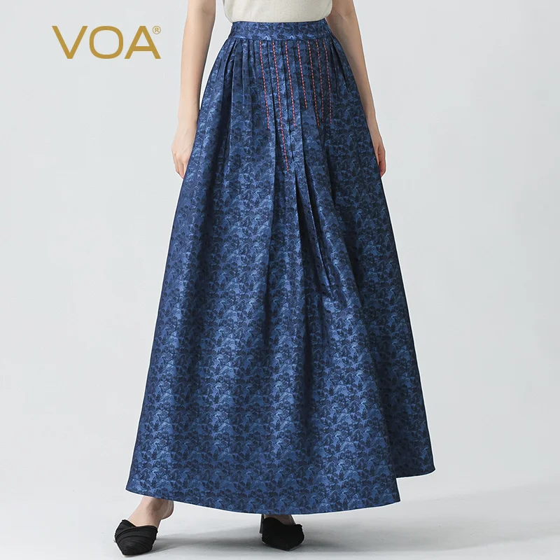 

VOA Star Blue 34 Momme Beige Yarn-dyed Jacquard Mulberry Silk Natural Waist Stiff Classical Long Silk Vintage Skirt Summer CE181