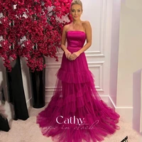 sexy strapless evening dress multi layer prom dress gorgeous rose pink prom dress vestidos de fiesta tulle party dresses