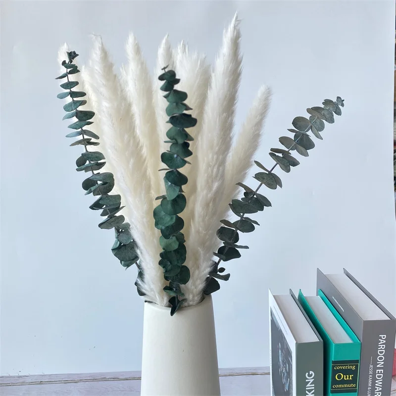 

Natural Dried Flower White Reeds Eucalyptus Bouquet For Wedding Party Decoration DIY Immortal House And Garden Living Room Decor