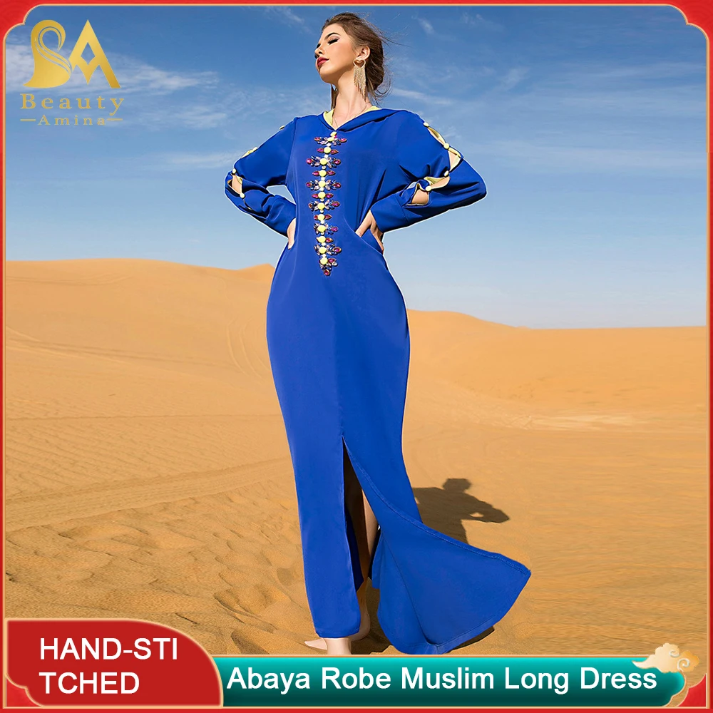 Muslim Made Robe Blue Pure Hand Sewn Diamond Ladies Arabian Vintage Dress Abaya Robe Party Travel Long Skirt Ethnic Dress Robe