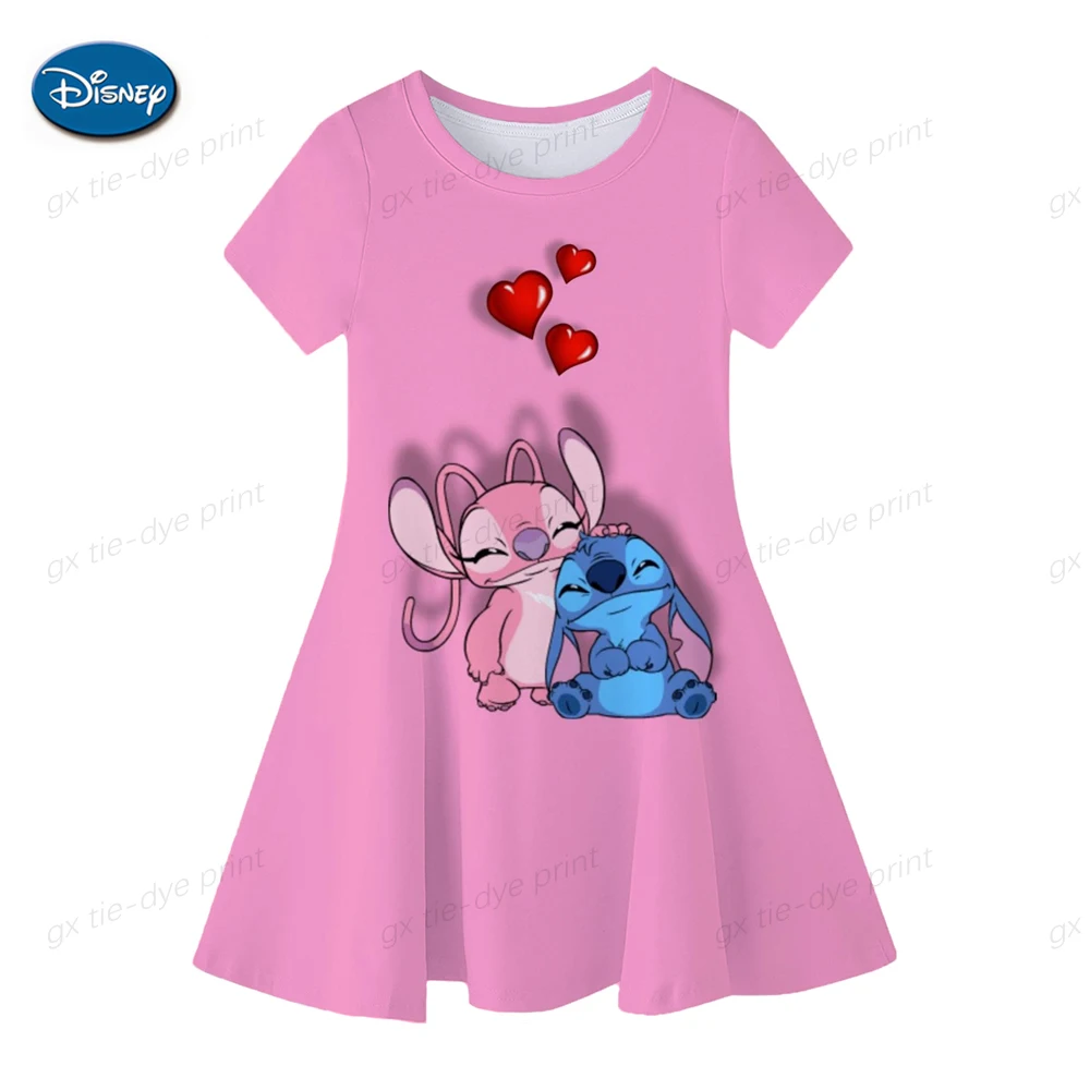 Disney Stitch Summer Girls  T Shirt Patchwork Dress Cartoon Print Baby Children Girls Kids Home Party Casual Clothes Dresses images - 6