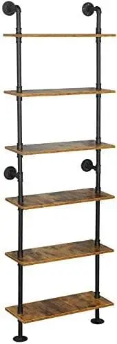 

6-Tier Industrial Pipe Shelves Shelf Shelving Rustic Wood Metal Wrought Iron Ladder Bookcase Bookshelf Mounted Mount DIY Loft V