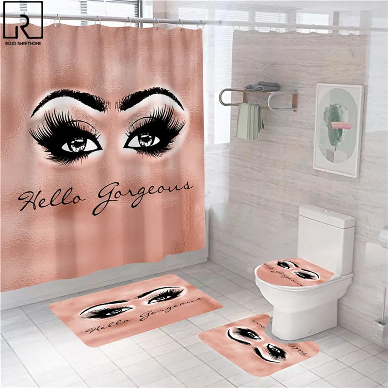 

Girlish Women Eyes Pink Shower Curtain Toilet Bath Mat Set Polyester Fabric Bathtub Screen Bathroom Modern Decoration for Home