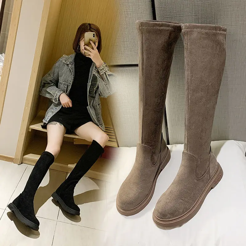 

Elastic Half High Boots Woman Winter 2022 on Offer with Free Shipping Brown Autumn with Low Heels Flat Long Shoes for Women Hot