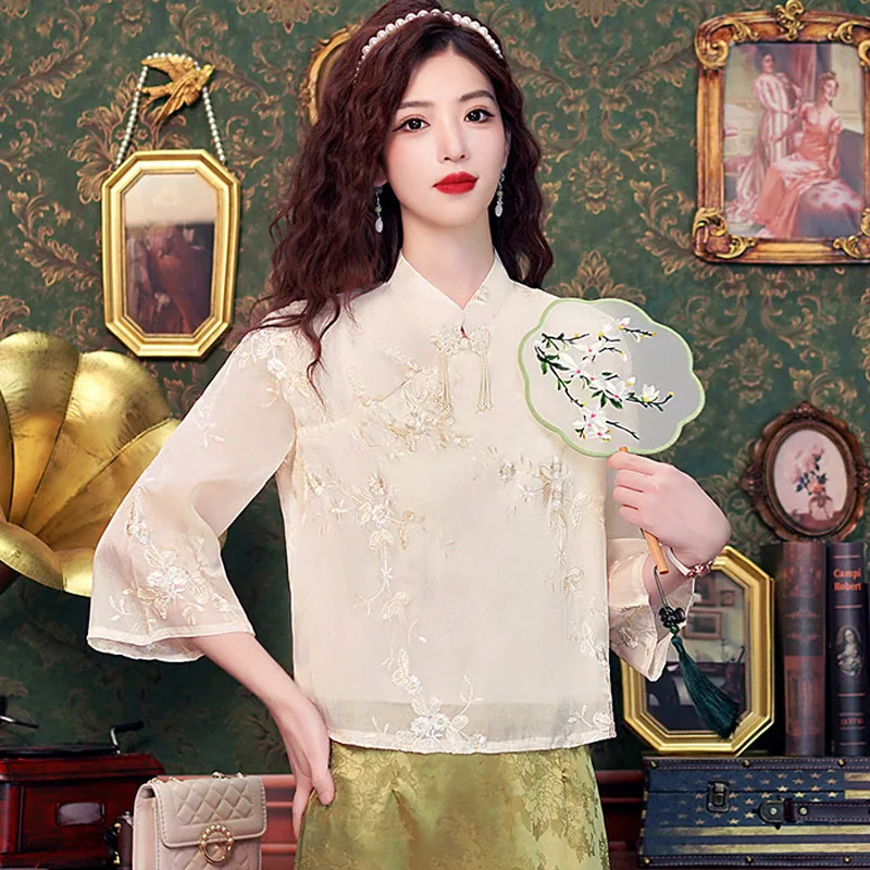 Женская блузка с цветочной вышивкой в китайском стиле
