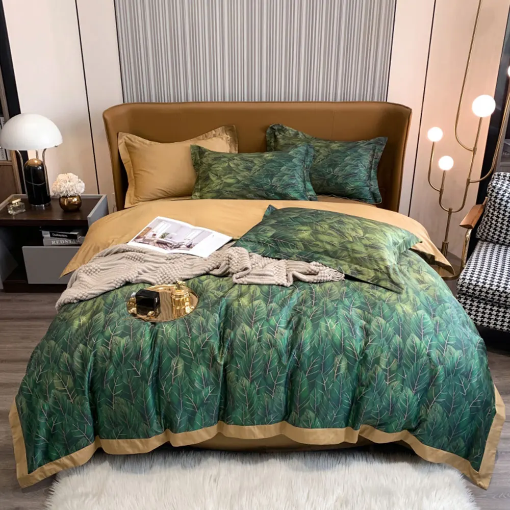 

Papa&Mima Green 3D Oil Painting Pastoral Leaves Egyptian Cotton Bedding Set Linens King Queen Size Duvet Cover Sheet Pillowcase