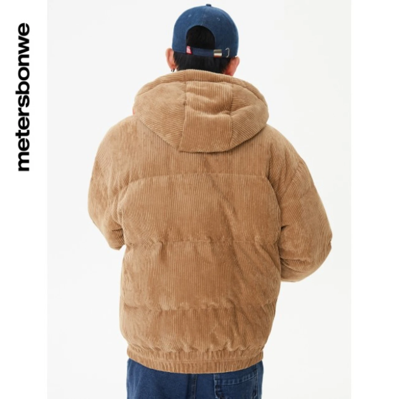 Metersbonwe Men's Corduroy Stand Collar Hoodie Down Jackets 90%Duck Down Warm Wear Loose Thick Solid Color Winter Down Coat