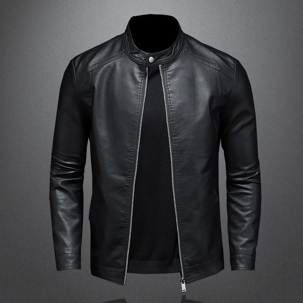

Модная облегающая мотоциклетная кожаная куртка, мужские Куртки из искусственной кожи с воротником-стойкой, однотонная повседневная мужская Байкерская замшевая верхняя одежда