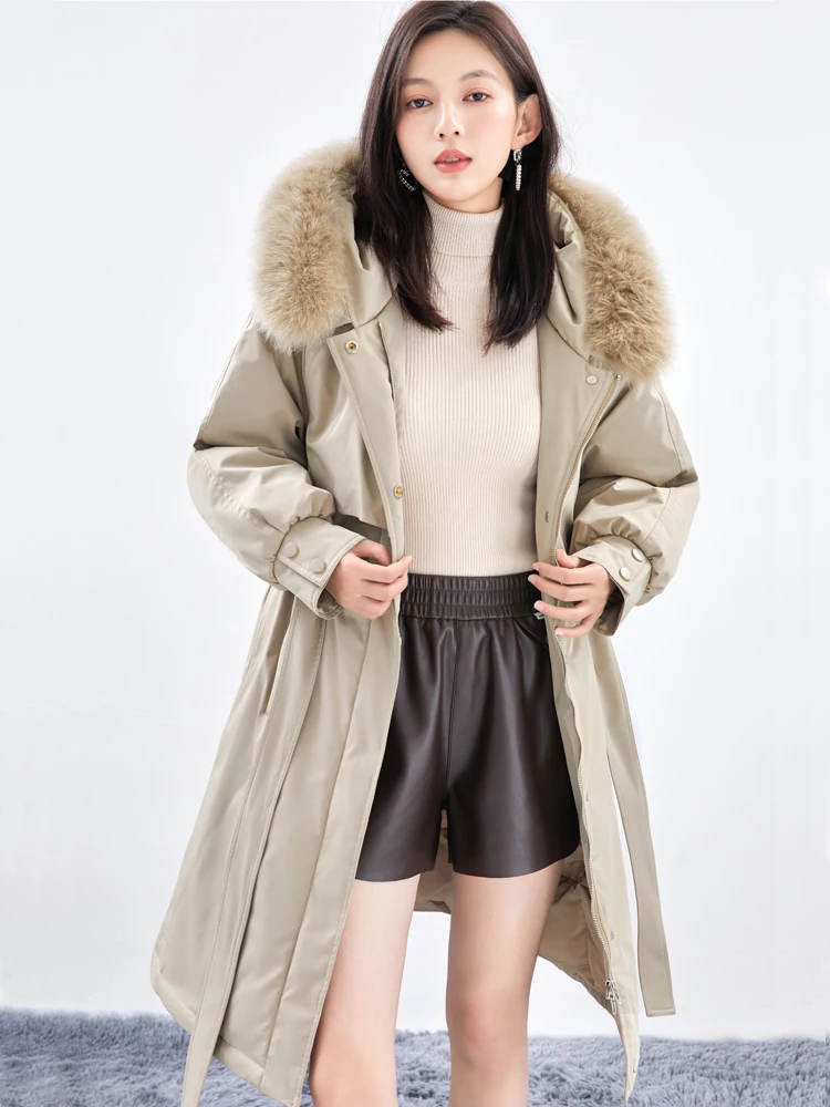 ONE-T Winter White Duck Down Coats Women Long Thick Windbreaker-Style Down Jackets Fox Fur Hooded Zipper Slim Casual Clothing