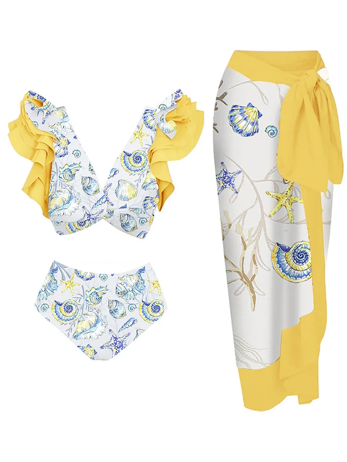 

2023 New Yellow Lace Pleated Ocean Shell Starfish Print Deep V Split Binding Design Bright Seaside Bikini Set Covering