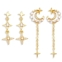 cubic zircon star moon earrings cuff earrings wholesale ladies fashion temperament long tassel brass antirust stud earrings