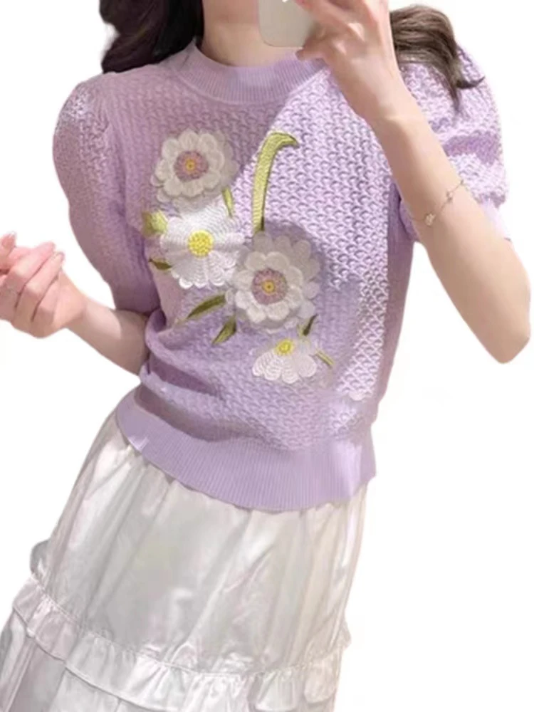 

Casual sweater 2022 summer new bubble sleeve hand handmade flower embroidery head sweater fashion women's clothing