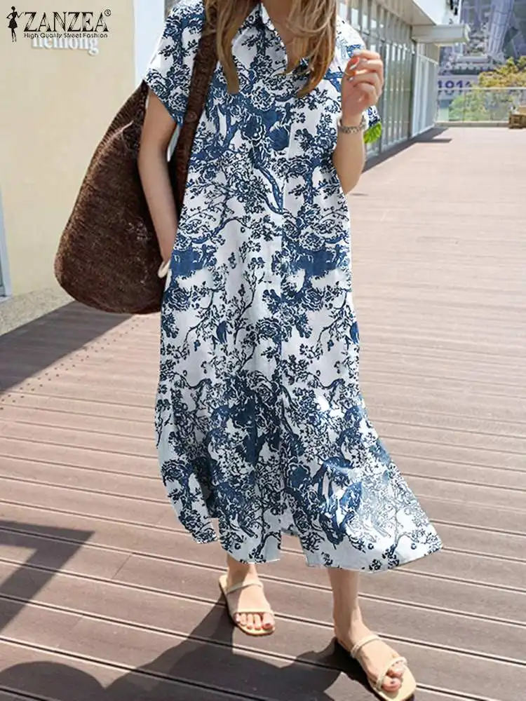 

Bohemian Short Sleeve Lapel Side Pockets Sundress ZANZEA Women Summer Printed Dress Casual Elegant Beach Loose Holiday Robe 2022