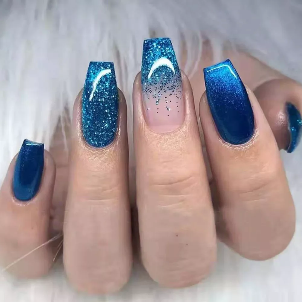 

24pcs press on nails Sky Blue Glitter Gradient Ballerina False Nails With Design Wearable Coffin Fake Nails Full Cover Nail Tips