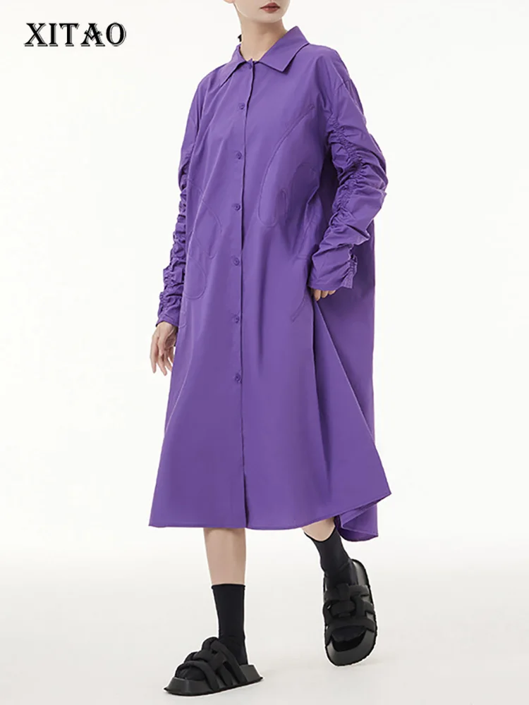 

Женское платье-рубашка XITAO, однотонное Повседневное платье со складками и рукавами, весеннее свободное платье SMH1501