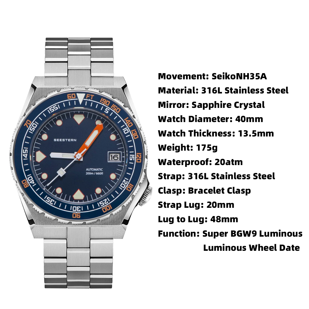 SEESTERN SUB600T Mens Diver Watch Automatic NH35 Movement Ceramic Bezel Lume Mechanical Wristwatches Sapphire Waterproof images - 6