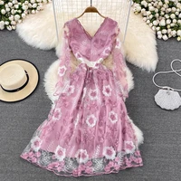 heavy work mesh flower embroidery dress 2022 spring women elegant v neck casual floral party dress fashion office vestidos mujer