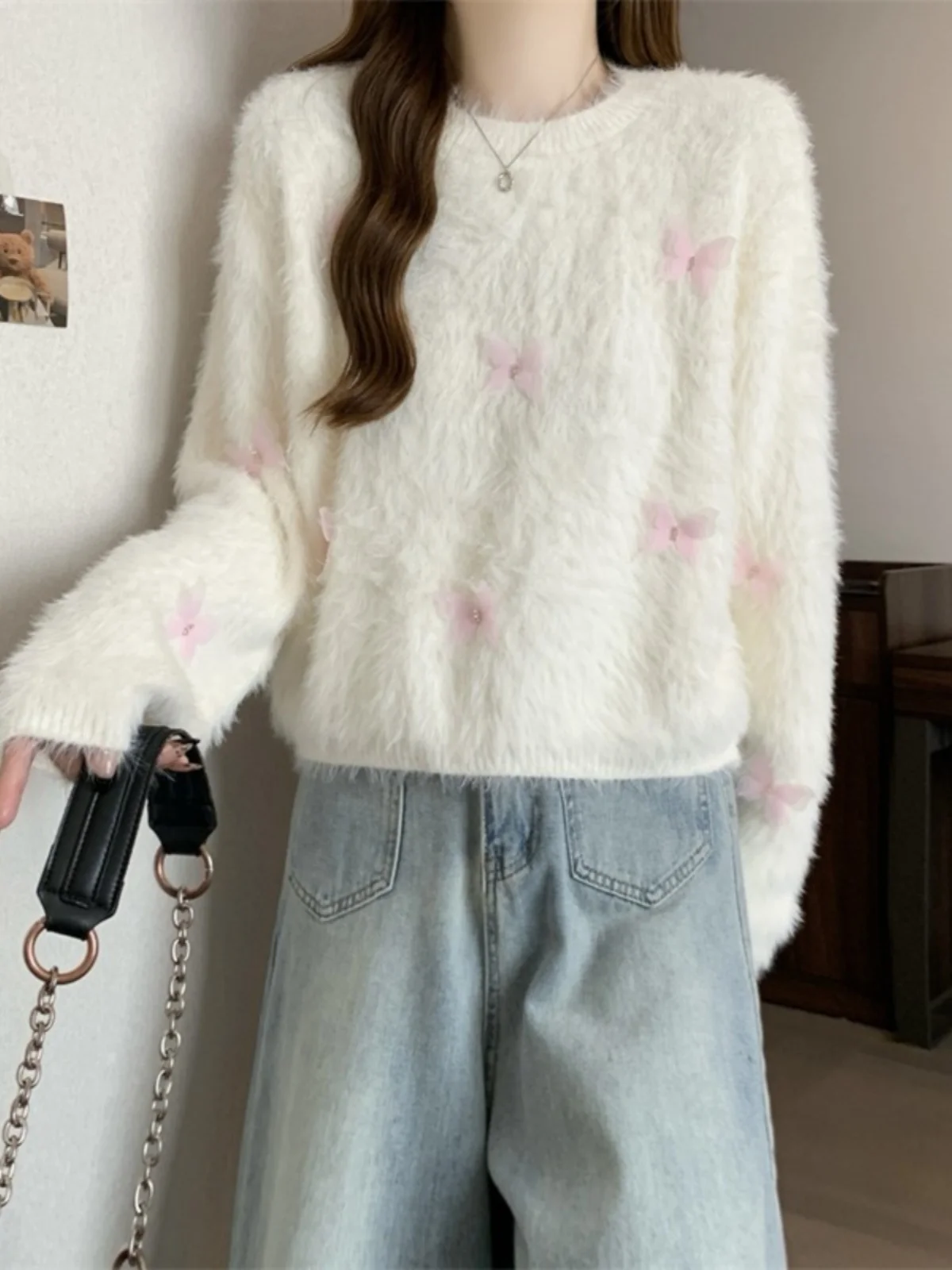 Белый норковый меховой свитер для женщин 2024 осень и зима новинка больших