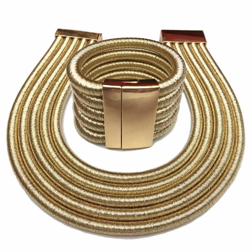 

Fashion Alloy Multi-Layer Braided Rope Exaggerated Necklace for Women Multi-Color Optional Choker Bracelet 2 Pieces Set Africa