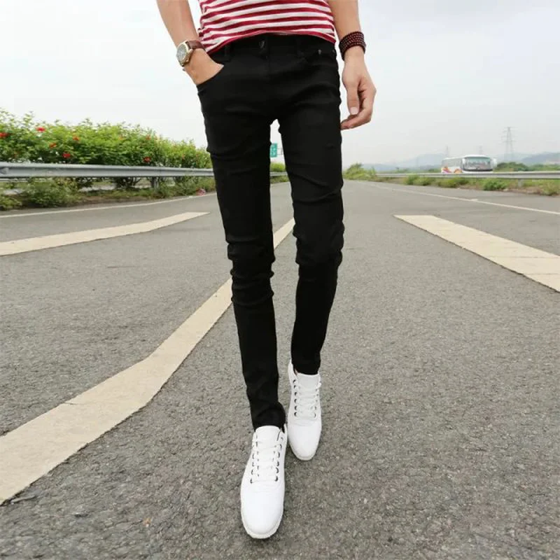 Korean Style Jeans Men Jeans Spring and Summer Solid Color Slim Jeans Men's Pocket Button Mid-Waist Denim Pencil Pants Trousers
