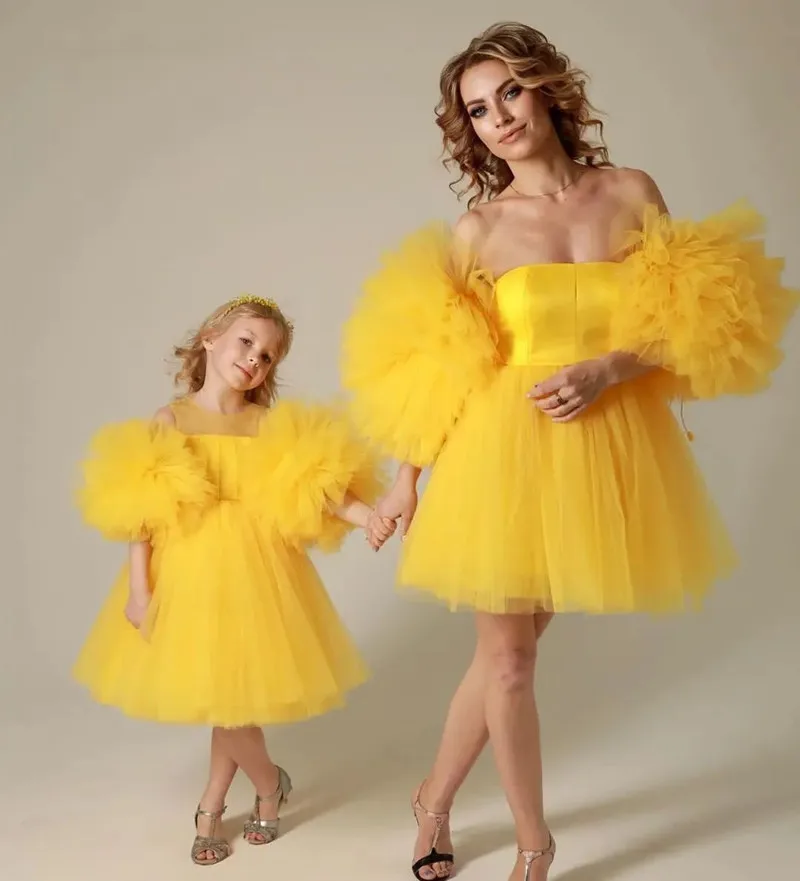 

Пышное Тюлевое платье с цветочным рисунком для девочек, платья принцессы для мамы и дочки, платье для маленькой невесты, вечернее платье на ...