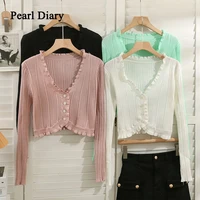 pearl diary korean fashion vertical stripes single breasted cardigan short thin knitting tops women v neck long sleeve t shirt
