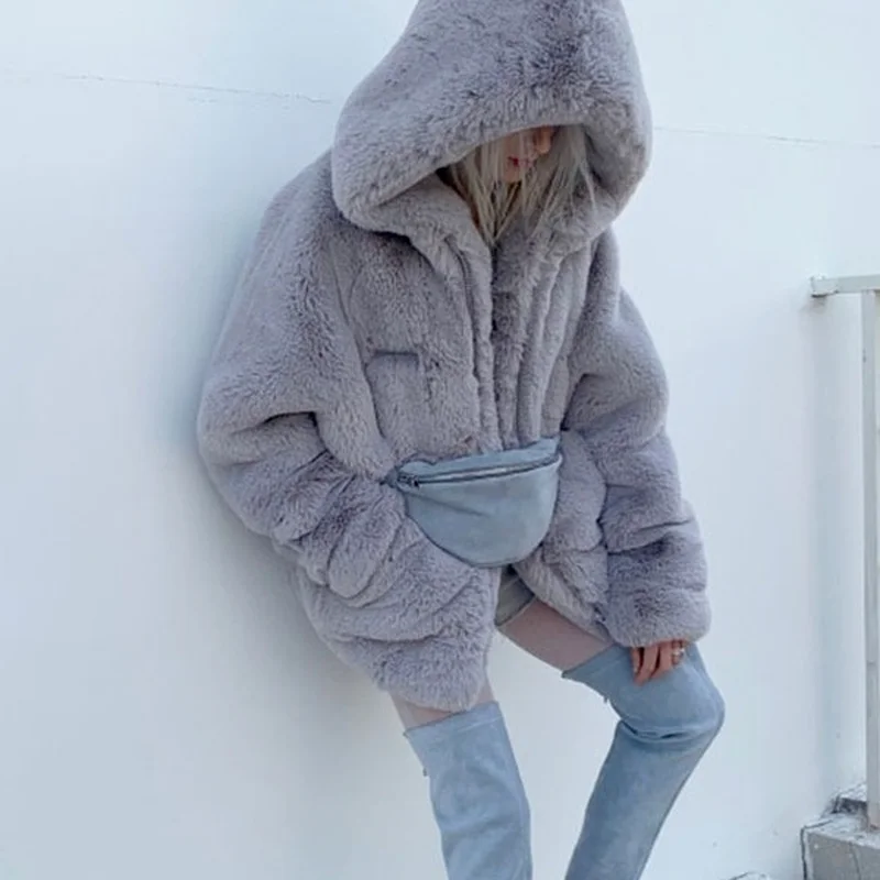 2021 New Rex Rabbit Fur Coats Lady Oversize Thick Winter Hooded Warm Jacket Faux Furs Plush White Coat Fashion Women Parka