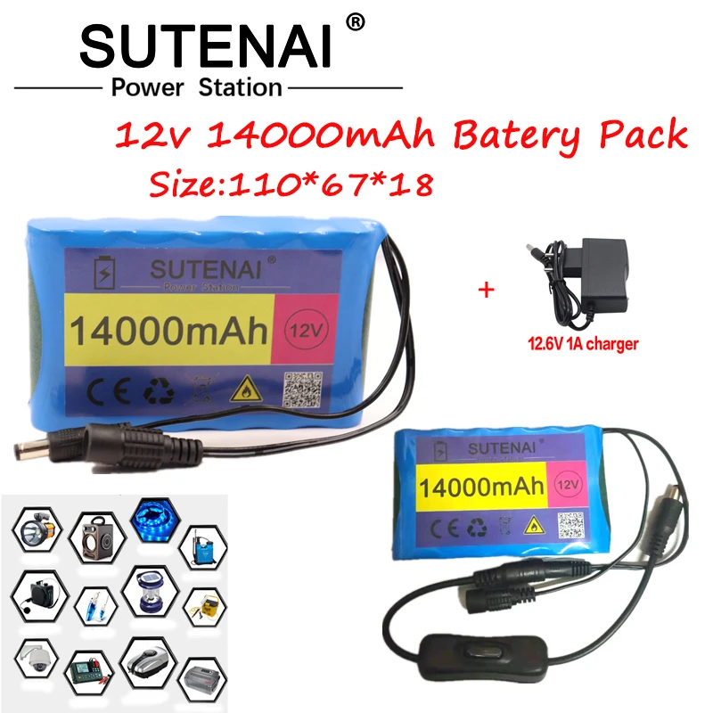 

18650 12В 14000 мАч перезаряжаемый литий-ионный аккумулятор с емкостью постоянного тока 12,6 в 14 Ач CCTV cam monitor. Солнечная уличная лампа + зарядное уст...