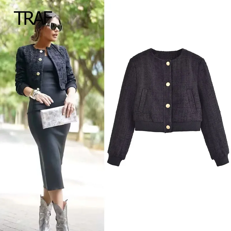 

TRAF Textured Tweed Jacket Women's Bomber Jacket Autumn Black Long Sleeve Top New In Outerwear Luxury Brand High Quality Jacket