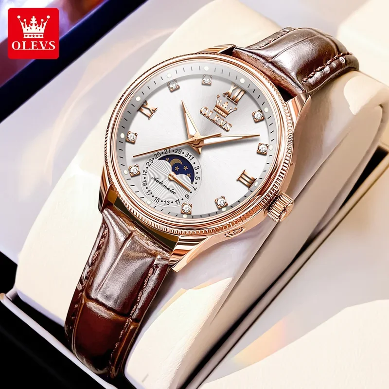 OLEVS 7039 Роскошные элегантные женские механические наручные часы с фазой Луны