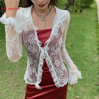 fashion y2k white lace long sleeve mesh tops sexy club see through fashion casual slim top women v neck female t shirt 2021 new