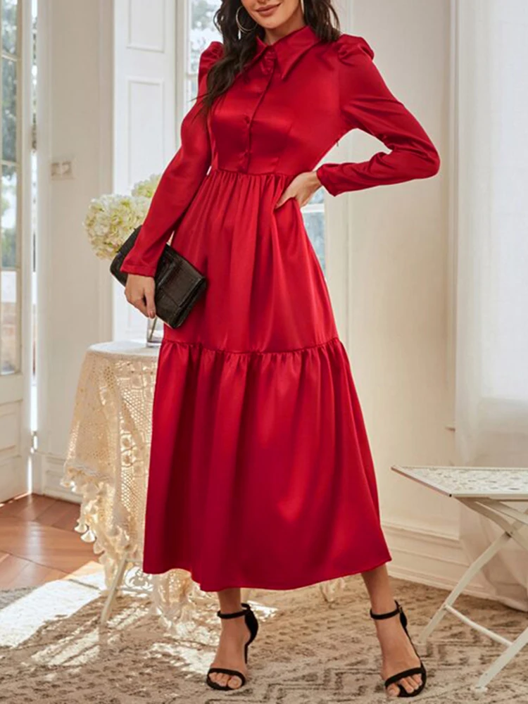 

Женское атласное платье-рубашка Celmia, модные вечерние платья миди с отложным воротником и длинным рукавом Gigot, элегантное приталенное женско...