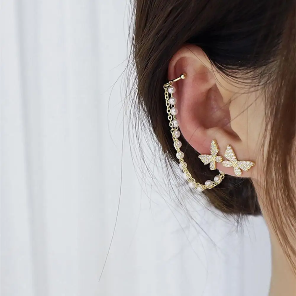 

2 Pcs/Set Lady Ear Clip Butterfly Shape Rhinestone Inlaid Supper Shiny Individual Stud Earrings for Prom