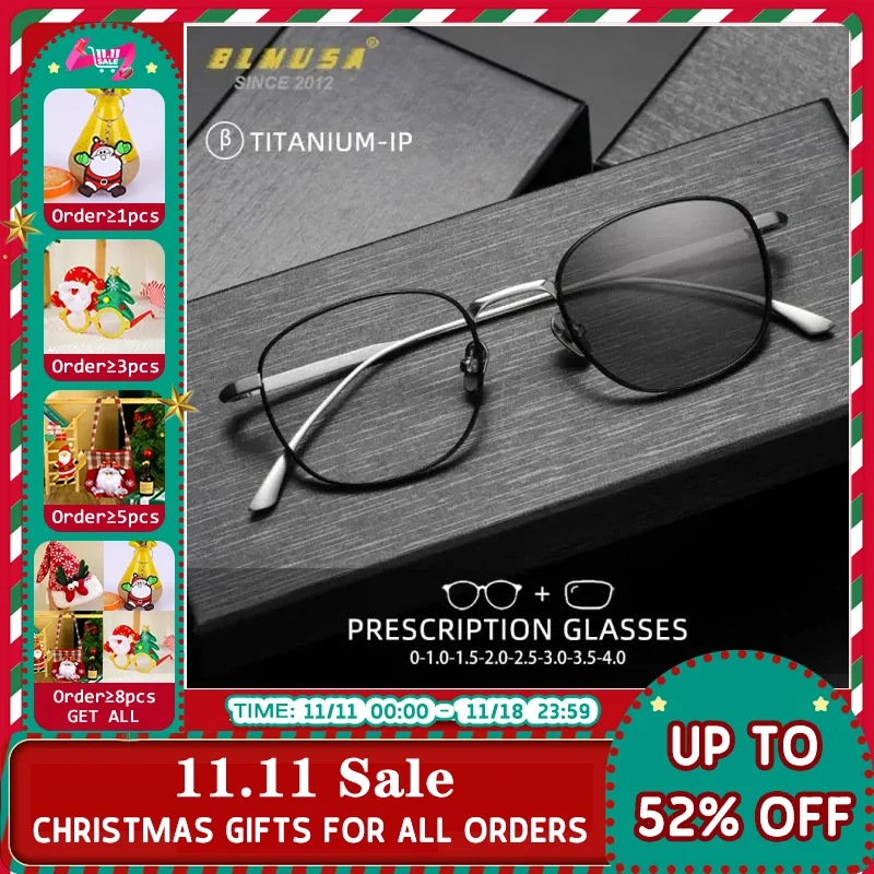 BLMUSA Photochromic Myopie Prescription Glasses Retro Oval Ultralight Pure Titanium Men Eyewear Anti Blue Light Reading