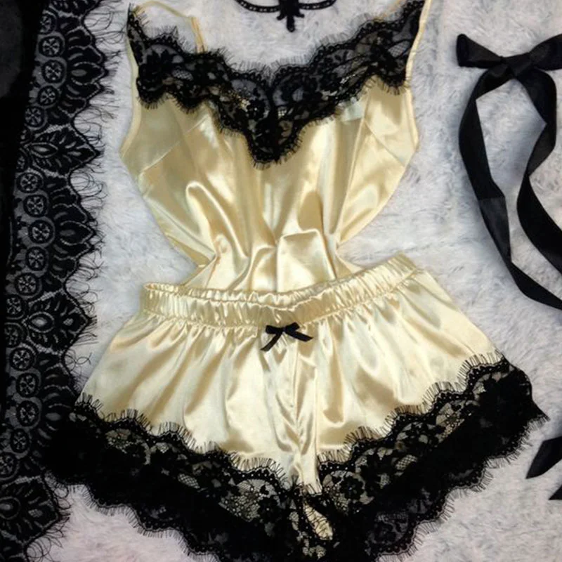 Women's Sleepwear Sexy Lace Satin Pajama Sets Nightwear Sleeveless Tops+Shorts 2 Pcs Sets Pyjama Sets For Women Pijama