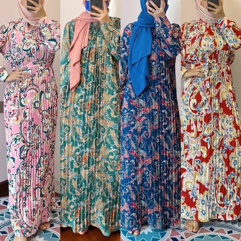 

Muslim Floral Print Dress Women Lace Up Pleated Dresses African Robe 2022 New Elegant Clothes Ladies Fashion Party Clothing