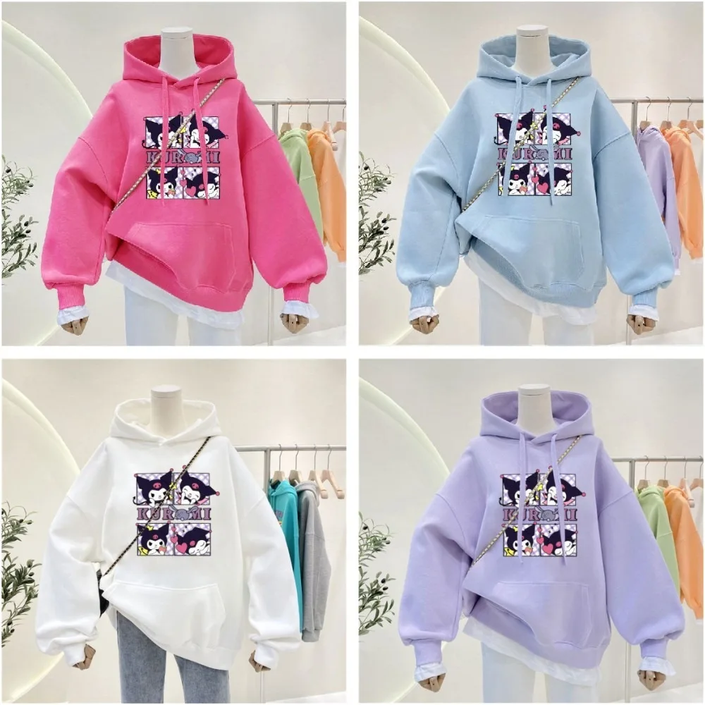 

Sanrios Kuromi Spring Autumn Winter Girl Sweater Cartoon Pure Cotton Long Sleeved Hoodedt Versatile Leisure Tops Children Gift
