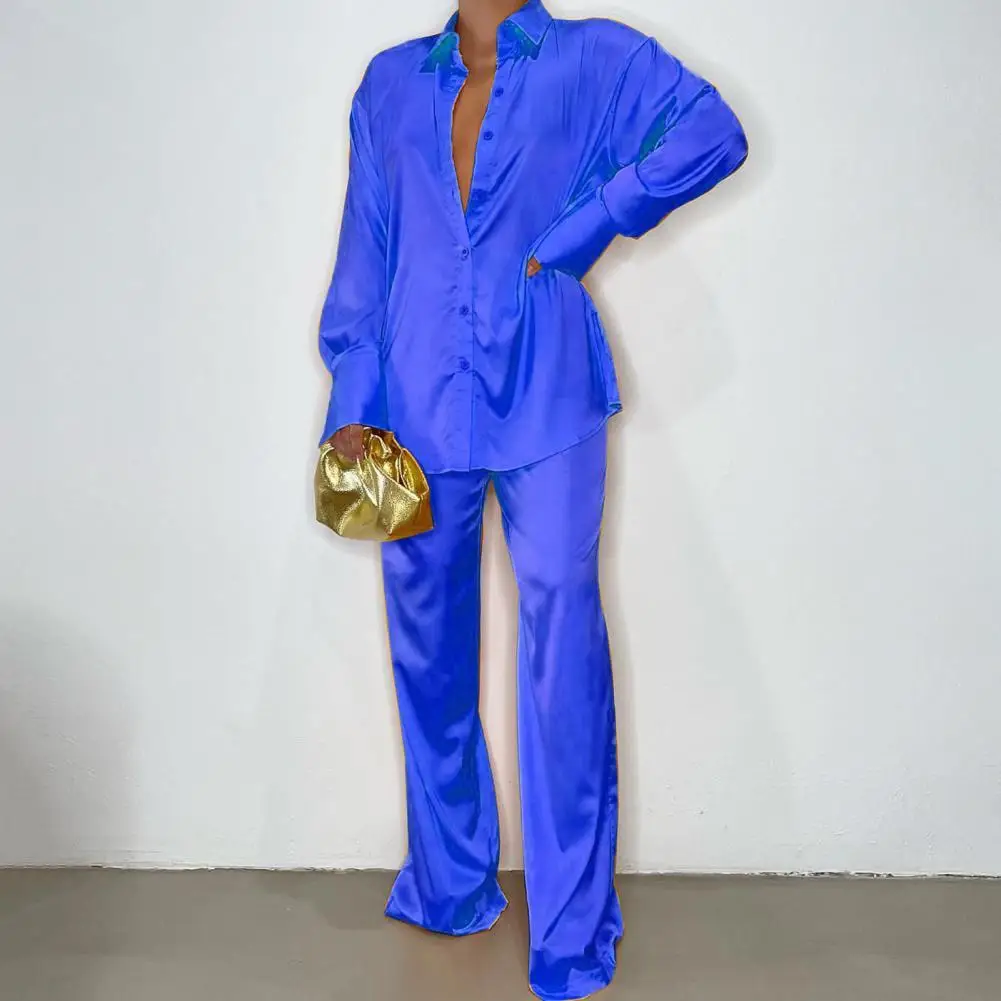 

Elegant Satin Two Piece Set Outfits Women's Tracksuit Long Sleeve Shirt Wide Leg Straight Pants Matching Sleepwear Blouse Pants