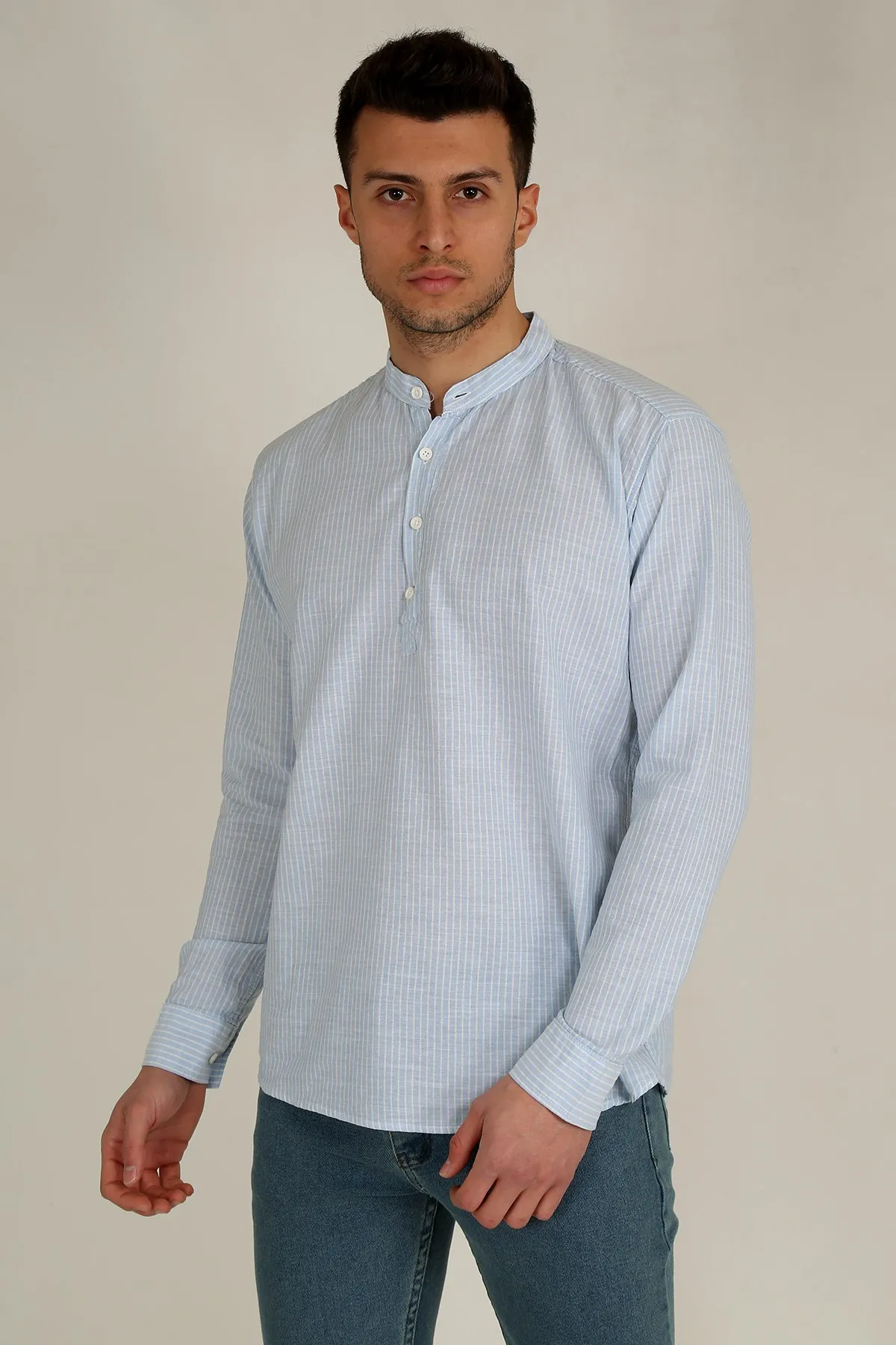 Therapy Men Men 'S Crew Neck Long Sleeve Half Patlı Linen Shirt 21K-4300575-01 Ice Blue